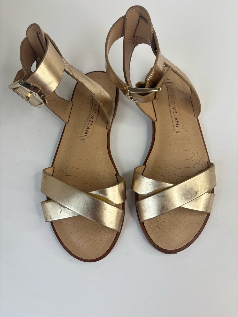 S3 Antonio Melani Metallic Gold Ankle-Strap Sandals Gladiator Greek Size 6